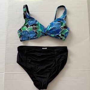 Lands' End Blue and Black Floral High Waisted Bikini